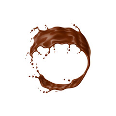 Realistic chocolate yogurt, cream or choco milk drink swirl splash and wave flow. Isolated 3d vector rich, velvety cocoa cascade round frame, decadent treat tantalizes senses with its smooth texture