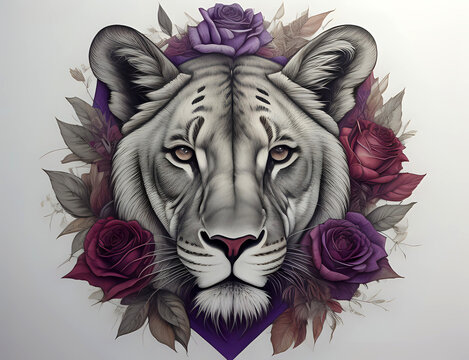 junger Löwe in schwarz weiß umgeben von violetten Rosen
