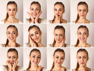 Collage set of shots young lady with different facial expressions, actress emotions portfolio....