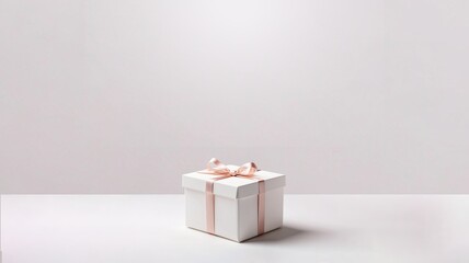Gift box wrapped in white paper with pink ribbon, isolated on white background