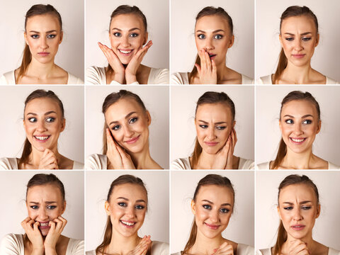 Collage set of shots young lady with different facial expressions, actress emotions portfolio. Portraits of emotional woman posing at studio. Feminine actor emotion concept. Copy ad text space, mockup