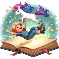 Happy boy cartoon on flying book with unicorn, graphic illustration for education knowledge...