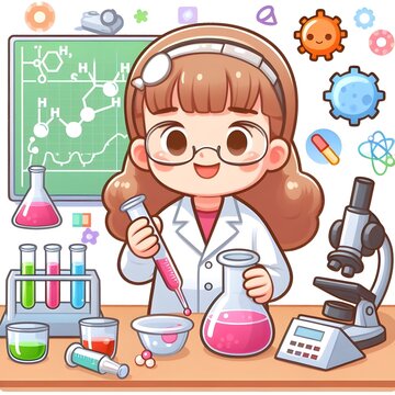 Young girl scientist doing chemistry experiment in science lab, graphic illustration of education and research knowledge