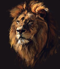 Majestic Lion Portrait in Realistic Digital Painting Style on Dark Background