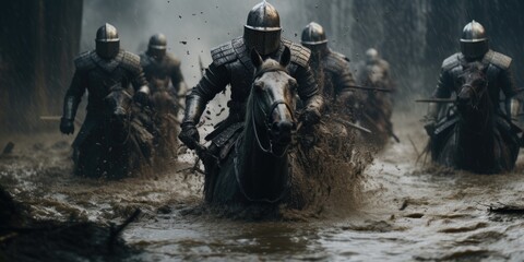 A dramatic medieval battlefield unfolds, featuring  cavalry engaged in intense combat. - obrazy, fototapety, plakaty