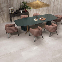 Minimalist dining room interior design, black marble table and sofa chairs on wooden flooring. 3D Rendering