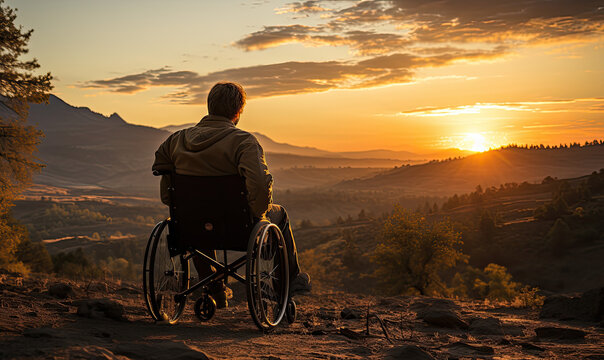 Wheelchair user enjoying sunset on scenic mountain. silhouette concept