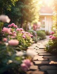 Fototapeta na wymiar Gartenweg mit Pinken Blumen