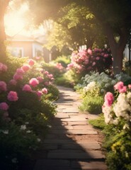 Fototapeta na wymiar Gartenweg mit Pinken Blumen