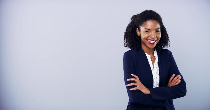Face, smile and business woman with hand pointing in studio with about us, info or feedback on grey background. We are hiring, recruitment or portrait of lady recruiter with offer, guide or platform