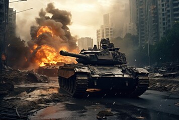 Battle-worn tanks, explosions, fires, and the desolation of a cityscape left in the wake of war. - obrazy, fototapety, plakaty