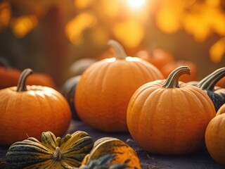 Sonnige Kürbisse im Herbst unter Bäumen im warmen Park