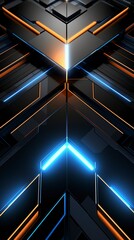 Obraz premium Sci Fi neon glowing lamps in a dark corridor. Reflections on the floor and walls. Empty background in the center.Technology futuristic background.