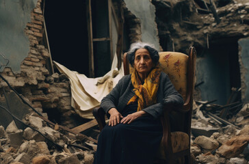An elderly woman near a house devastated by war - obrazy, fototapety, plakaty