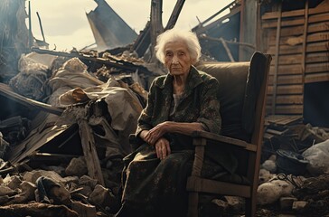 An elderly woman near a house devastated by war