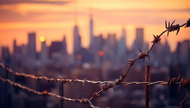 A barbed wire fence depicted at sunset, symbolizing the breakthrough to freedom.