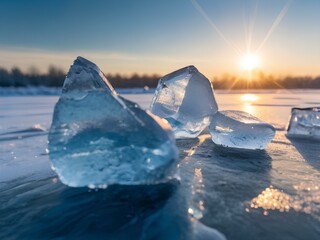 Eis Stücke auf einem zugefrorenen kalten See mit reflektierenden hellen kalten Sonnenstrahlen