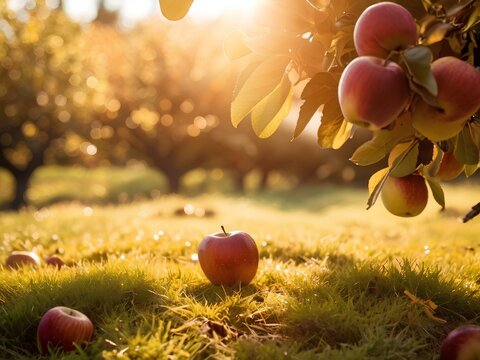 Goldene Äpfel im Sonnenschein auf einer Apfelbaumplantage