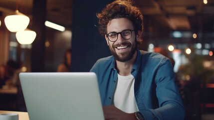 Fototapeta premium A businessman works on laptop, does data analysis and creative designer, Looks at Camera and Smiles. E-Commerce startup project.
