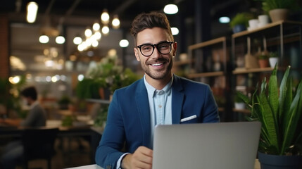 Obraz premium A businessman works on laptop, does data analysis and creative designer, Looks at Camera and Smiles. E-Commerce startup project.