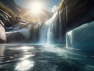Kalter Eissee mit Gletschern und reflektierender Sonne