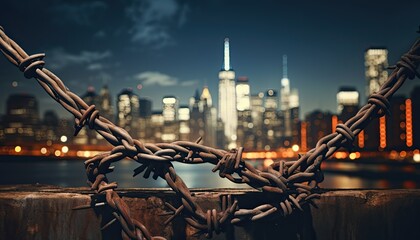 City view with the outside of the camp's barbed wire barrier.