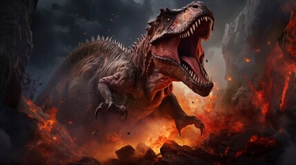 Photo of a dinosaur and rocks, in the style of explosive and chaotic, explosions