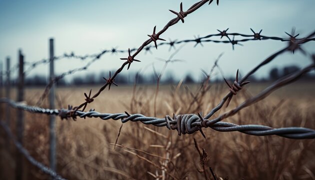 The walls are decorated with barbed wire fences.