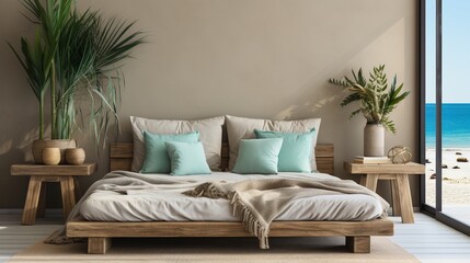 Home mockup, bedroom interior background with rattan furniture and empty frames, Coastal style.