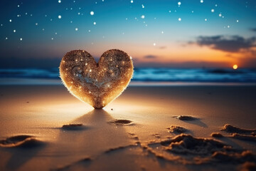 Fototapeta premium Heart on the sand on a blurred sea background, bokeh. Generated by artificial intelligence