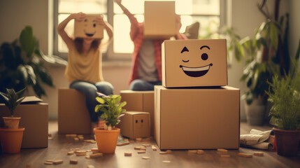 Fototapeta premium Couple is having fun with cardboard boxes in new house at moving day.