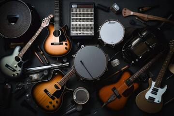 Group of musical instruments including a guitar, drum, keyboard, tambourine. Top view