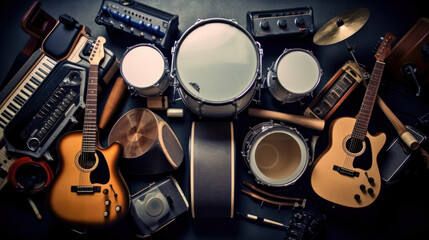 Group of musical instruments including a guitar, drum, keyboard, tambourine. Top view - obrazy, fototapety, plakaty