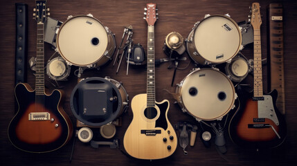 Fototapeta premium Group of musical instruments including a guitar, drum, keyboard, tambourine. Top view