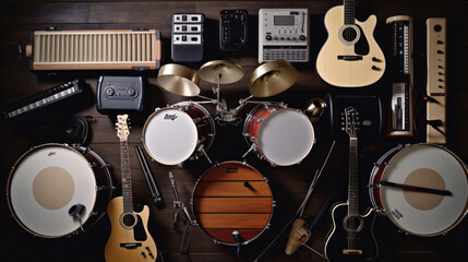 Naklejka premium Group of musical instruments including a guitar, drum, keyboard, tambourine. Top view