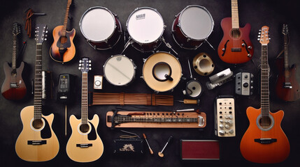 Group of musical instruments including a guitar, drum, keyboard, tambourine. Top view