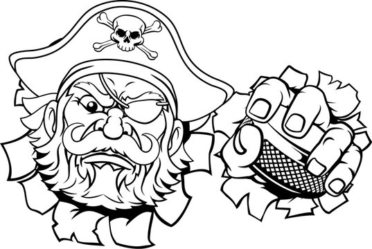 A pirate hockey sports mascot cartoon character holding a puck