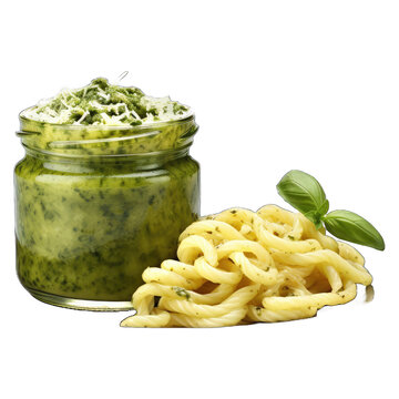 serving of creamy pesto pasta and a glass jar filled with green pesto sauce