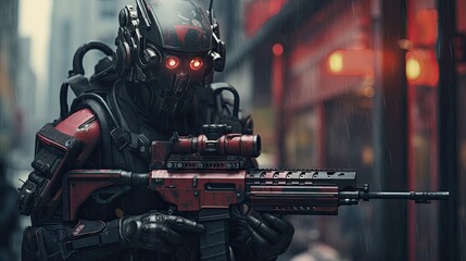 Concept of a humanoid combat robot for military use. - obrazy, fototapety, plakaty