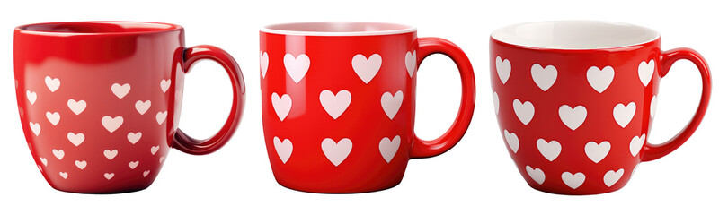 Red color coffee mugs with white color heart shapes. Valentines day or wedding anniversary gift concept for greeting cards