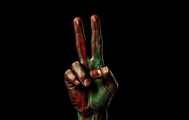 A hand symbolizing peace, friendship, greetings and tranquility on a dark background. - obrazy, fototapety, plakaty
