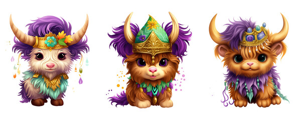 Fototapeta premium Mardi Gras Cute Highland Cow. Baby Highland Cow In Carnival Costume