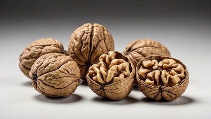 A handful of shelled walnuts against a white background. generative AI - obrazy, fototapety, plakaty