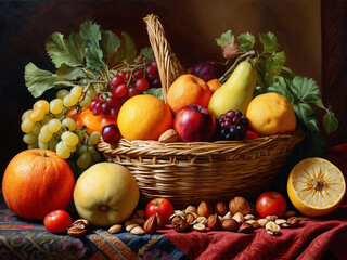 Festive cornucopia assortment with delicious foods, Seasonal harvest of berries and vegetables