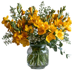 Spring freesias in the vase High quality isolated on transparent background Generative AI	