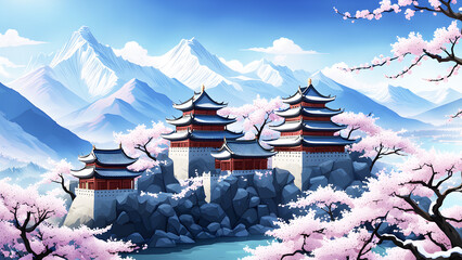 chinese castle in the snow with cherry blossom