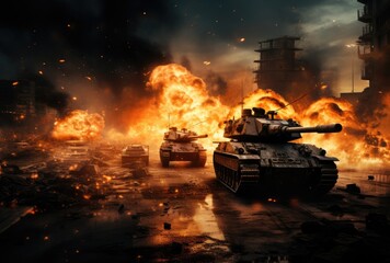 The aftermath of war: damaged tanks, explosions, fires, and deserted cityscapes.