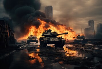 The aftermath of war: damaged tanks, explosions, fires, and deserted cityscapes. - obrazy, fototapety, plakaty