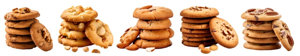 Fototapeta na wymiar Pile group stack tower of round cookie cookies biscuit, nut set, on transparent background cutout. PNG file. Many assorted different flavour. Mockup template for artwork design
