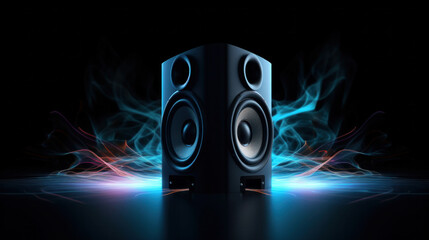 Two sound speakers with sound wave between them on black. - obrazy, fototapety, plakaty
